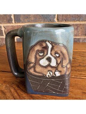 Mara Ceramic Square Dog Design Mug Blue Brown Beige Art Pottery Mexico